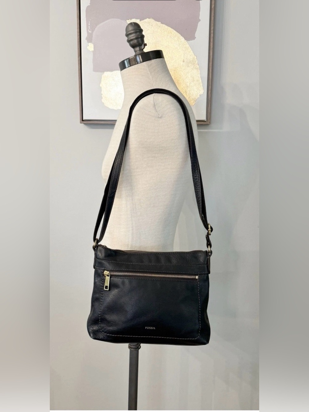 Vintage Fossil Black Leather Crossbody Bag